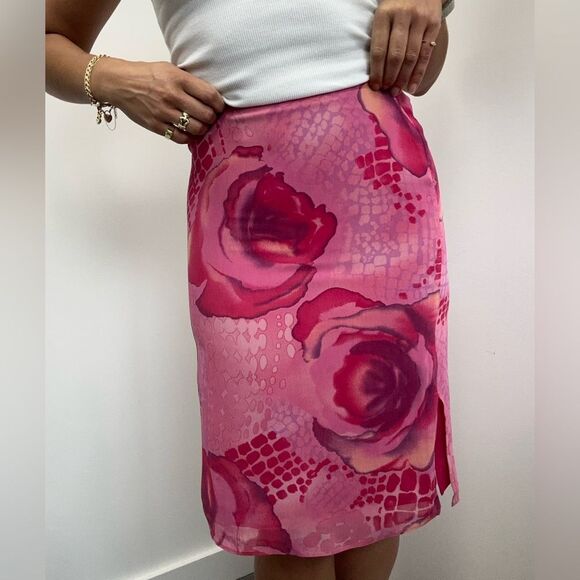 Vintage Y2K Guess Collection Pink Floral Rose Chiffon Pencil Mini Skirt Size 0 - Picture 1 of 9